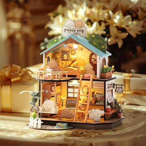 Mini Wooden Dollhouse Diorama Model, Tiny House Building Kits